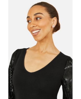 Women's Knitted Fitted Dress With Sequin Sleeves