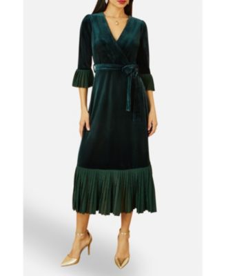 Women's Velvet Wrap V-Neck Midi Dress