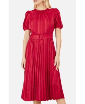 Women's Striped Satin Midi Dress Stylish Belted Partywear