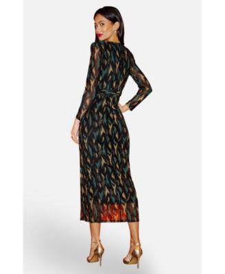 Women's Metallic Sparkle Mesh Wrap Midi Dress