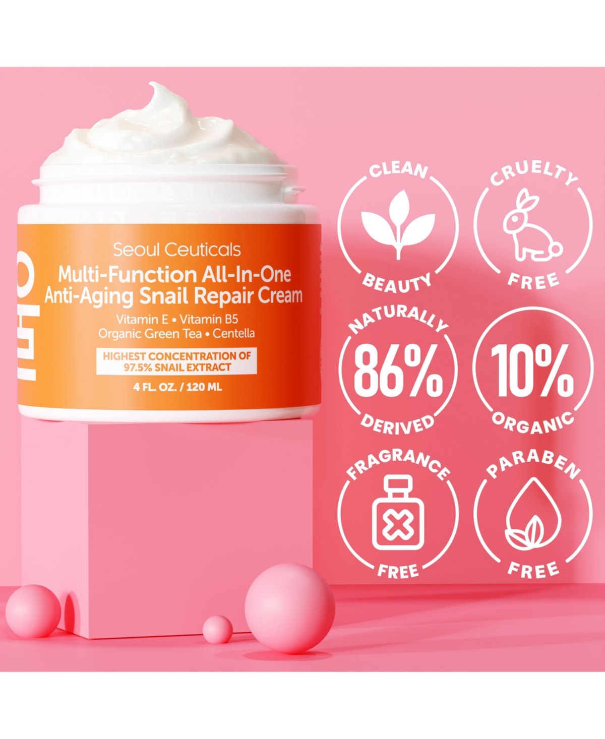 Seoul Ceuticals Korean Skin Care Multi-Function All-In-One Anti-Aging Snail Mucin Repair Cream 4 oz. K Beauty Skincare