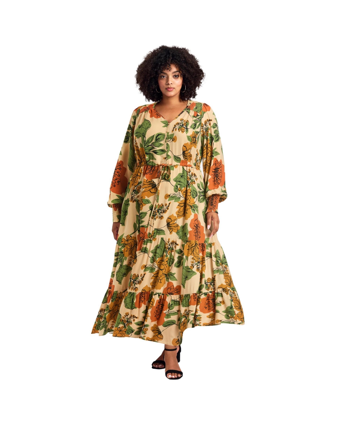 Avenue Women's Plus Size Second Nature Blouson Sleeve Maxi Dress - Beige sketch floral