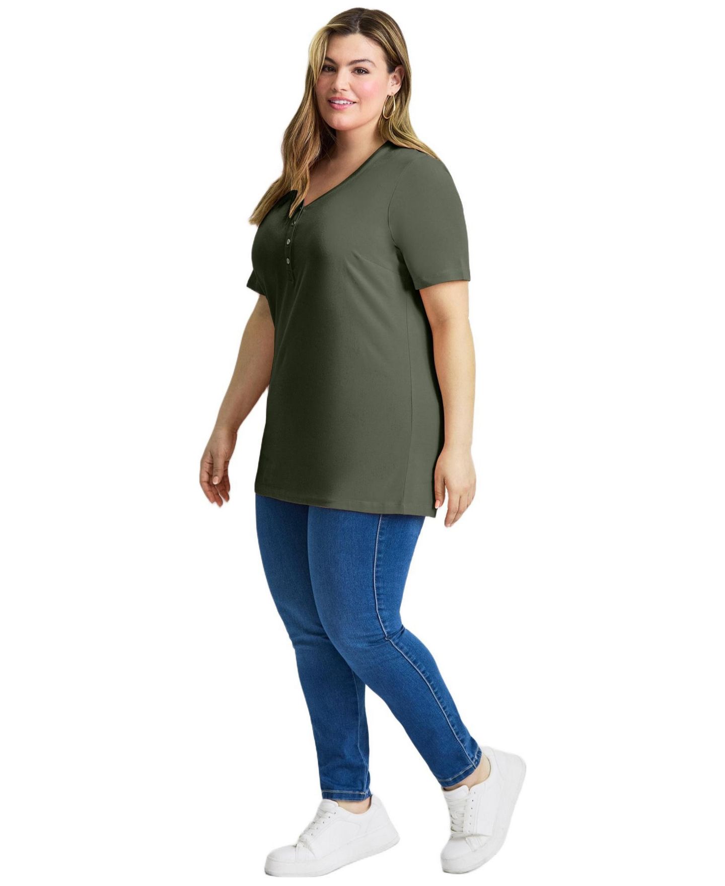 Женский топ Avenue Plus Size Short Sleeve Henley Tunic Top, цвет: Оливковый зелёный — фото 2
