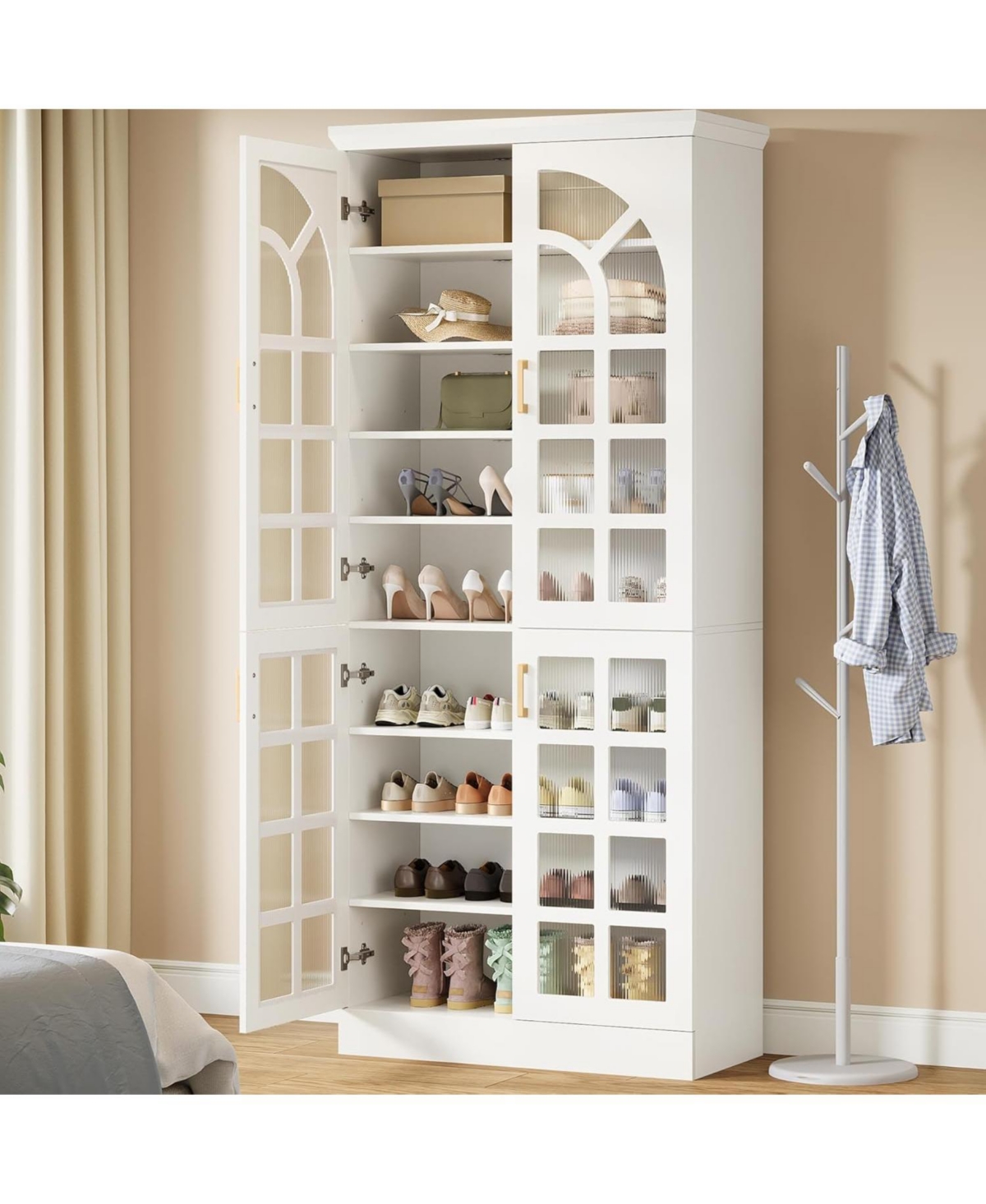 Tribesigns 76" Tall Shoe Cabinet with Doors and Led Lights, 9-Tier Wooden Shoe Rack Organizer with Adjustable Shelves