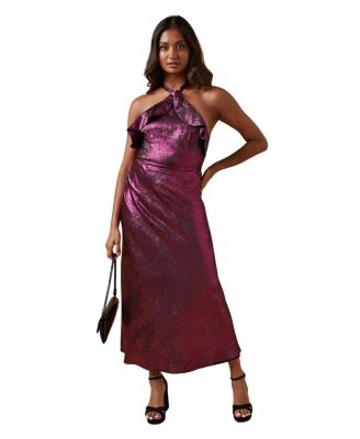 Women's Foil Halterneck Ruffle Foil Midaxi Dress