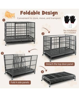 48'' Foldable Heavy-Duty Metal Dog Cage W/ Lockable Rolling Casters