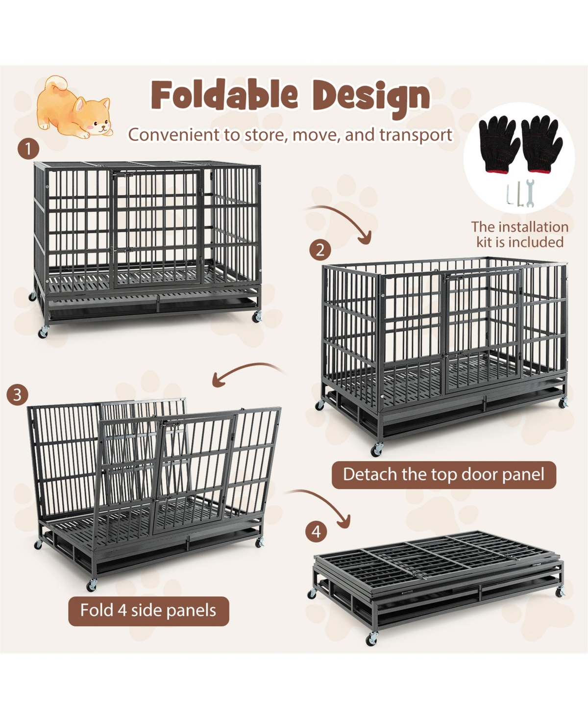 Gymax 48'' Foldable Heavy-Duty Metal Dog Cage W/ Lockable Rolling Casters