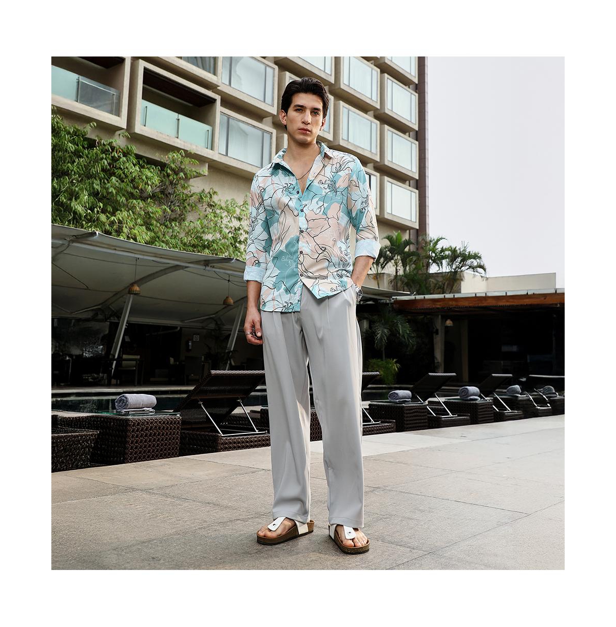 Campus Sutra Men's Botanical-Outline Imprint Shirt