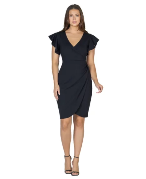 Petite V-Neck Ruffle Sleeve Knee Length Dress - Black