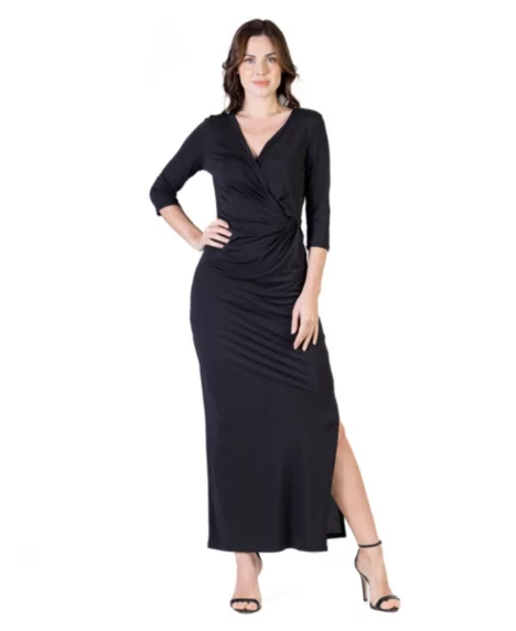 Petite Fitted V-Neck Side Slit Maxi Dress - Black