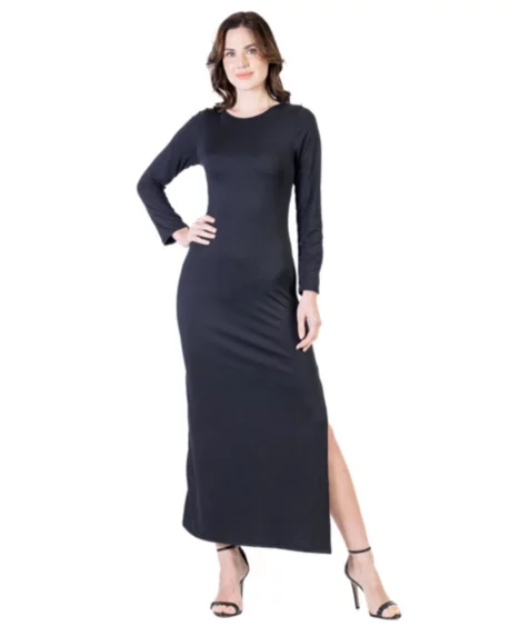 Petite Long-Sleeve Side Slit Fitted Maxi Dress - Black