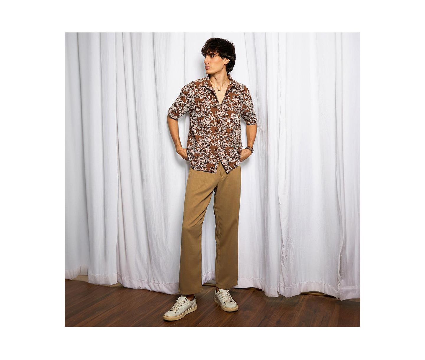Мужская рубашка Cahoot Campus Sutra Mocha Brown Floral-Lined Oversized, цвет: Коричневый — фото 5