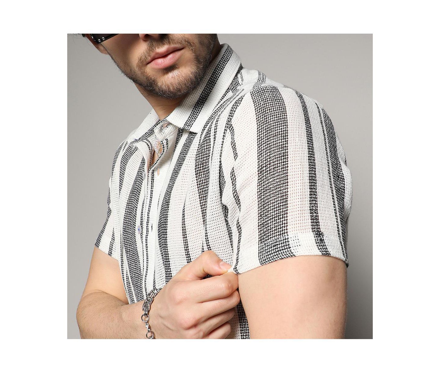 Мужская рубашка Cahoot Campus Sutra White & Grey Unbalanced Striped Woven, цвет: Белый — фото 8