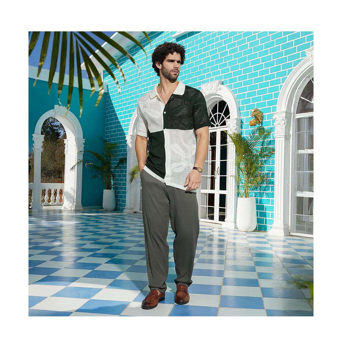 Campus Sutra Men's Emerald Green & Cream White Block Open-Knit Polo Shirt