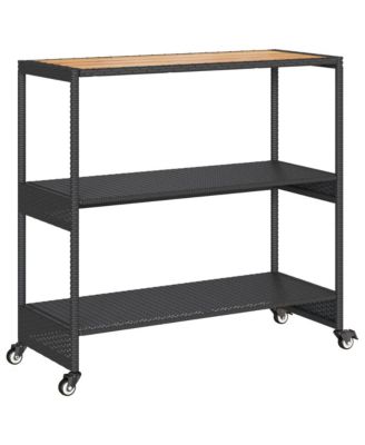 Bar Cart 3-Tier Poly Rattan and Solid Wood Acacia