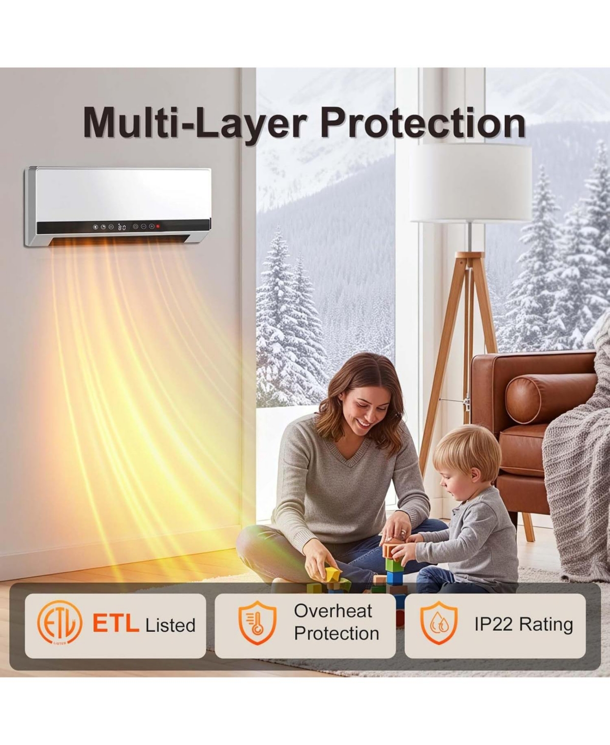 Cowsar 1500W Wall Heater | Dual Heating Settings,Window Indicator, Weekly/24-Hour Timer, Led Touch Screen & Remote Control, IP22 Waterproof