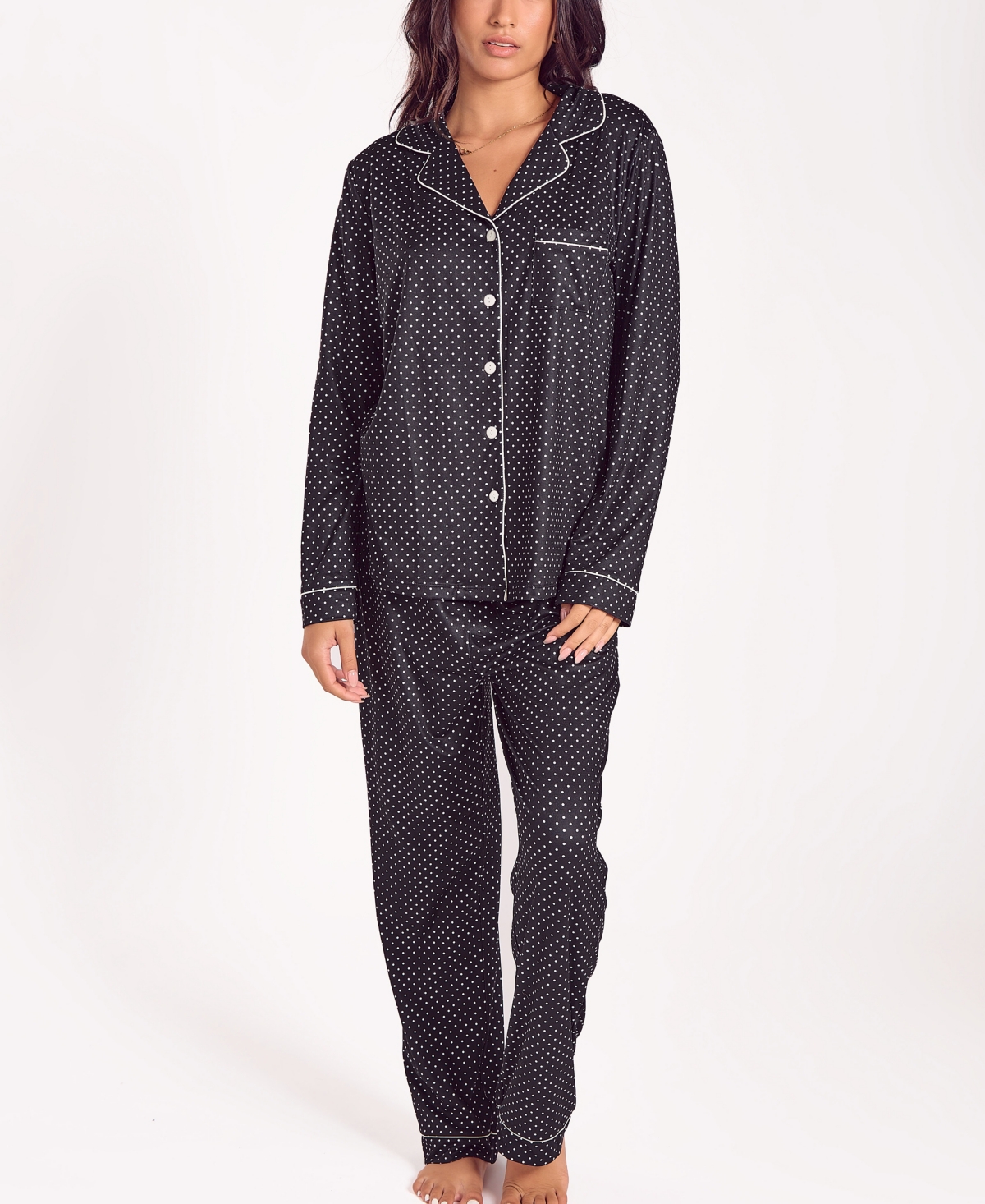 Icollection Women's Brushed Micro Stretch Knit Long-sleeve Pajama Set In Black