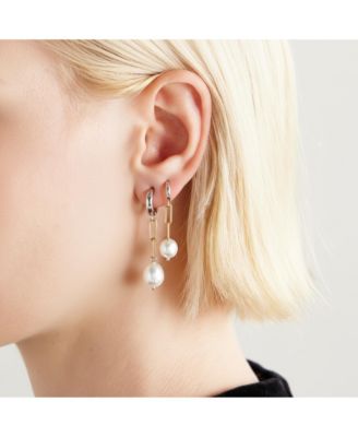 Two-Tone Mismatched Drop Earrings with Silver Huggies, Gold Paperclip Chains & Freshwater Pearls