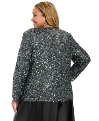 Plus Size V-Neck Sequin Long-Sleeve Jacket