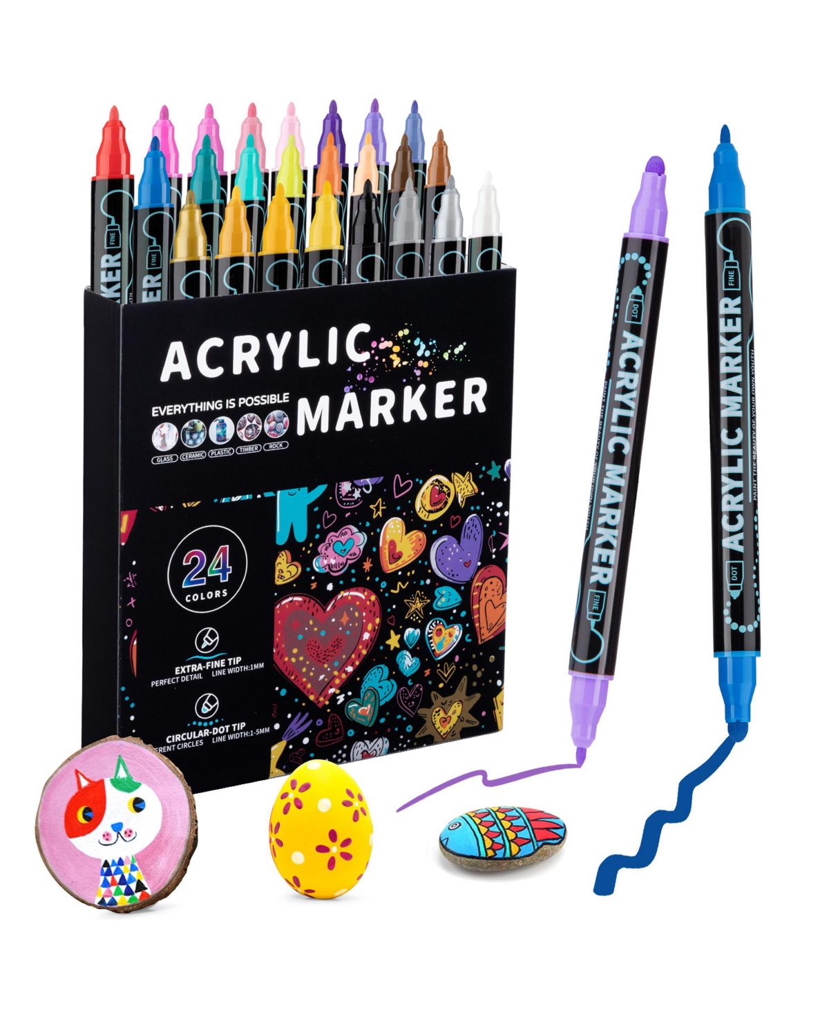 Htutwoo 24 Colors Double Tip Premium Acrylic Markers for Wood, Rock Painting, Glass, Canvas, Stone, Diy Crafts Making Art Supplies