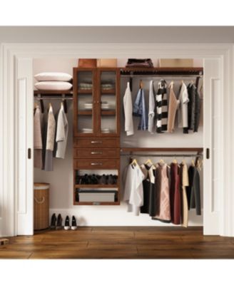 Solid Wood Walk-In Closet Organizer with 3 Shaker Style Drawers and Glass Doors
