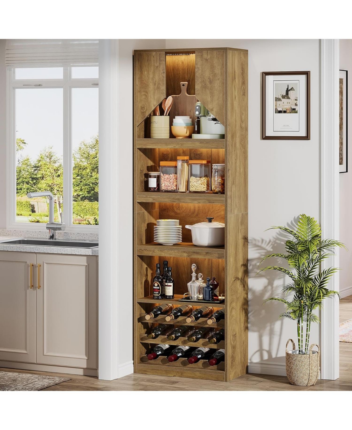 Tribesigns 86.6" Tall Kitchen Cabinet with Stripe Light, Farmhouse Home Bar Liquor Cabinet with Wine Racks