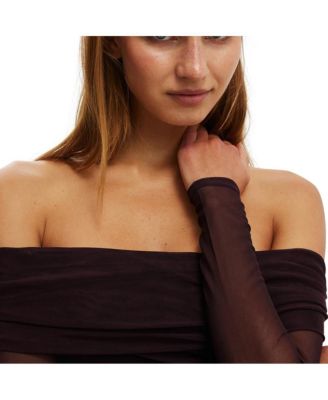 Women's Ashley Off Shoulder Mesh Long Sleeve Top