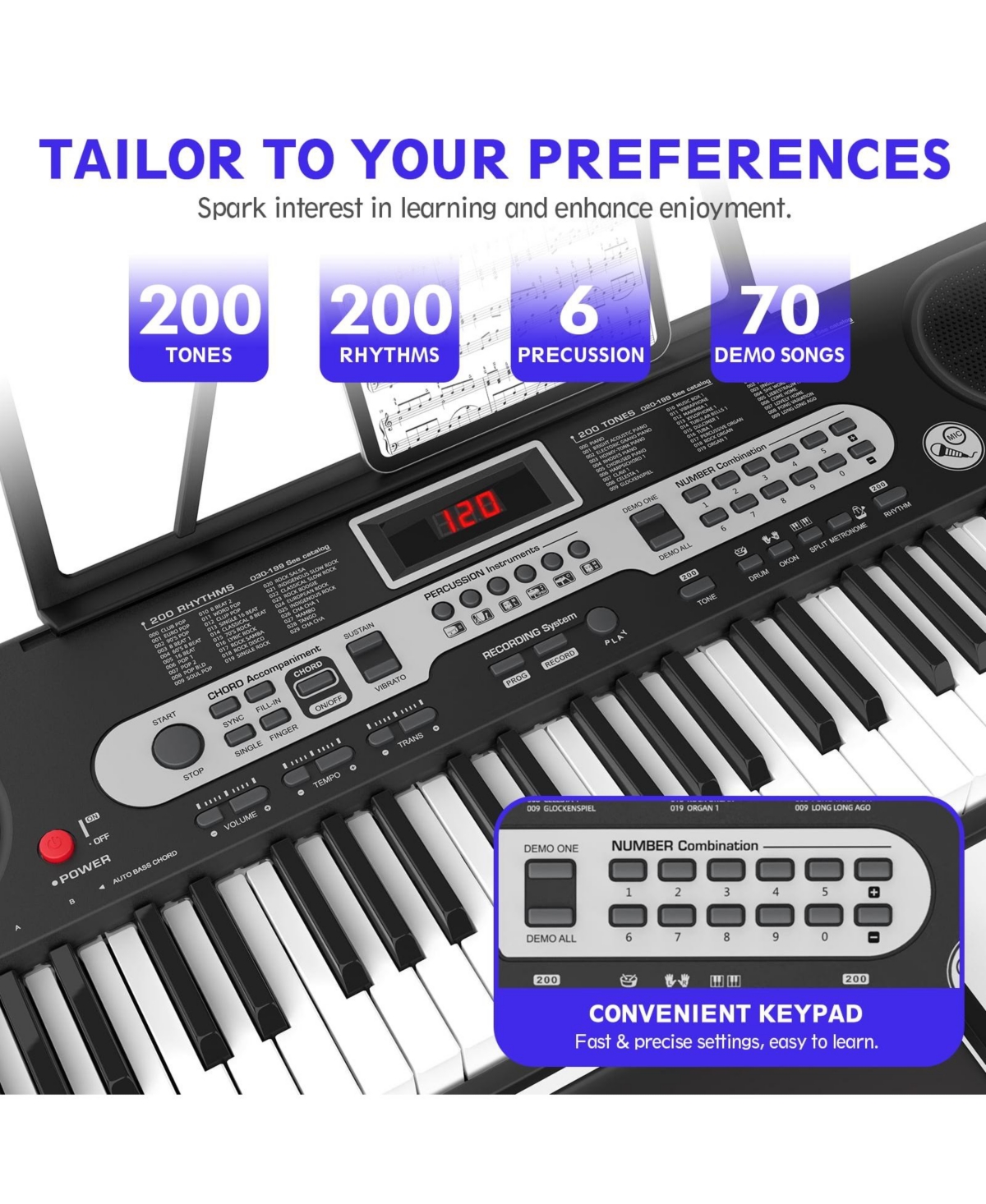 Sugift 61-Key Electronic Keyboard Piano with Lighted Keys, Teaching Modes, Headphones, Stand