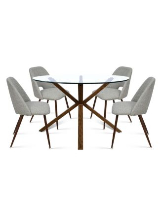 Modern 5-Piece Glass Top Dining Set for Small Spaces, 39.4'' Round Table with Fabric Chairs for Kitchen or Apartment-Maison Boucle