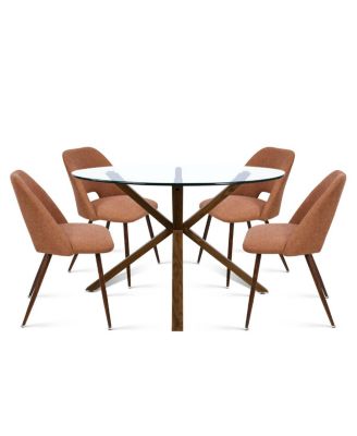 Modern 5-Piece Glass Top Dining Set for Small Spaces, 39.4'' Round Table with Fabric Chairs for Kitchen or Apartment-Maison Boucle