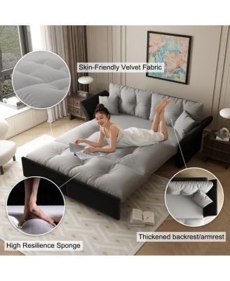 74.8" Queen Size Pull Out Sofa Bed, 3-in-1 Convertible Velvet Loveseat Sleeper with 2 Pillows for Living Room or Guest Room