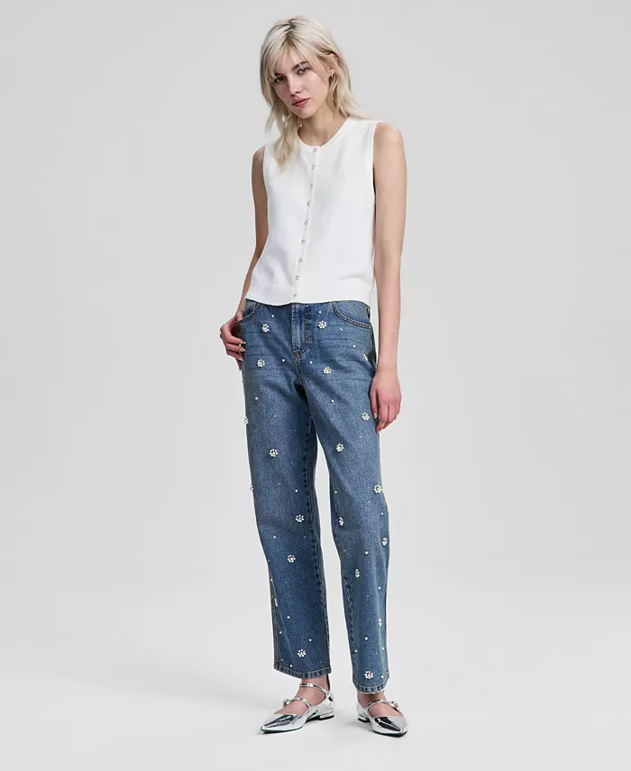 Women's Pearl-Embellished Straight-Leg Jeans