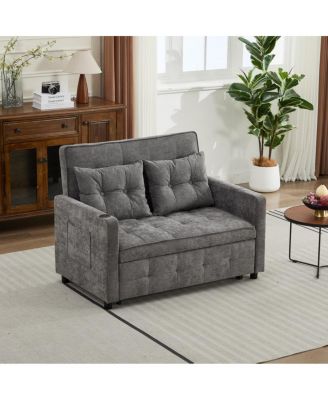 Linen Sleeper Sofa Bed, 2-Seater Pull Out Sofa with Cup Holder, USB Charging, Multi-Position Back for Apartment or Guest Room