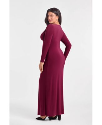 Women's Sculpting Shapewear Shirred V-Neck Long Sleeve Solid Maxi Dress
