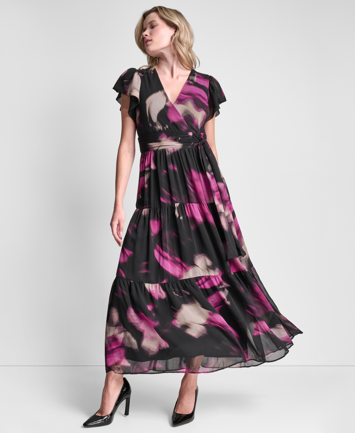 Dkny Women's Ruffle Cap Sleeve Surplice Neck Maxi Dress