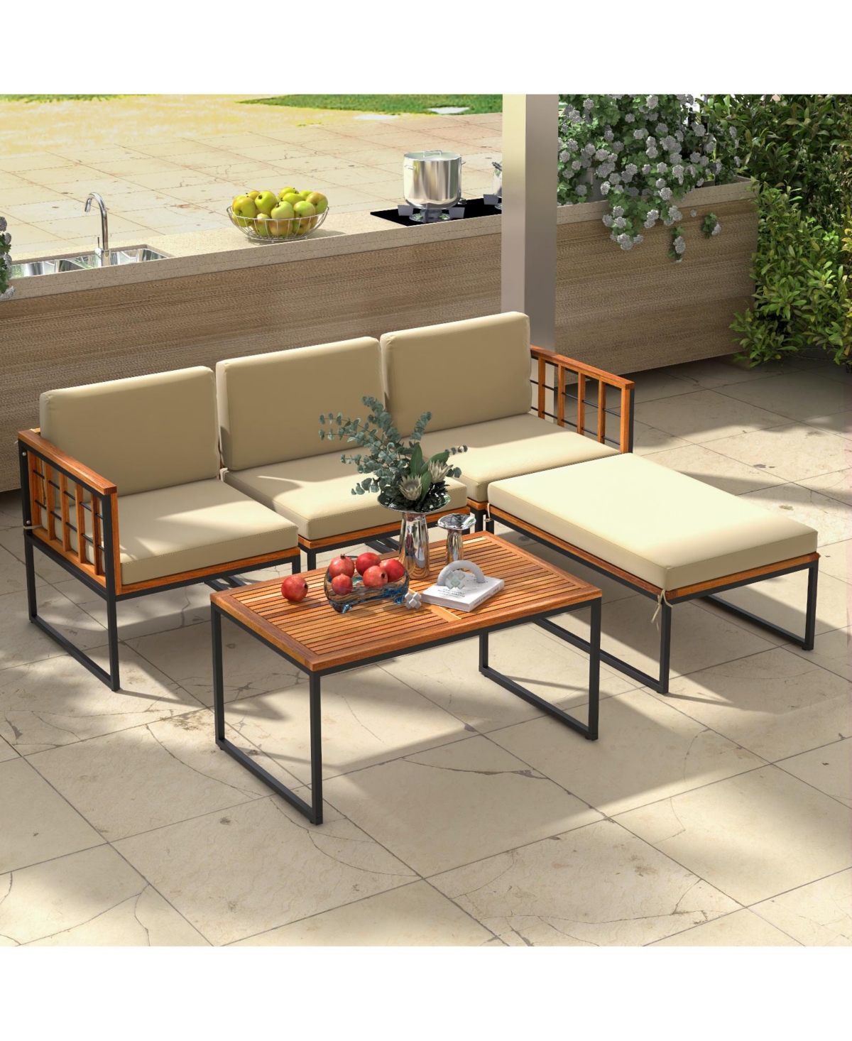 5 Pcs Patio Furniture Set Acacia Wood Sectional Set with Seat & Back Cushions