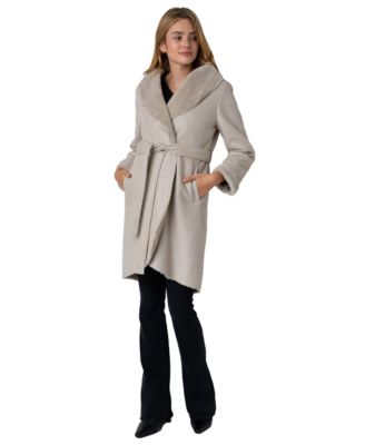 Women's BELTED SHAWL WRAP FAUX SHEARLING COAT
