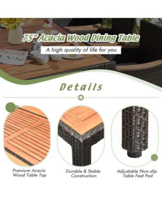 9PCS Patio Wicker Dining Set Acacia Wood Table Top Umbrella Hole Cushions Chairs