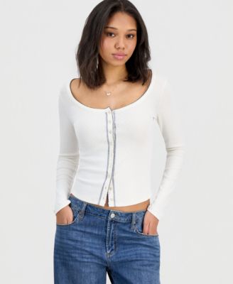 Juniors' Picot-Trim Pointelle Cardigan Knit Long-Sleeve