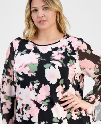 Plus Size Large-Floral-Print Ruffle-Sleeve Blouse 