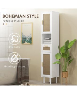 1Pc Rattan Doors, Adjustable Shelves & Slim Design Tall Bathroom Storage Cabinet