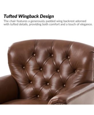 Eugene Traditional Genuine Leather Chair with Tufted Wing Back and Solid Wood