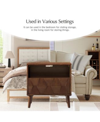 Zenaida Mid-century Modern Nightstand with Charging Ports and Hidden Drawer