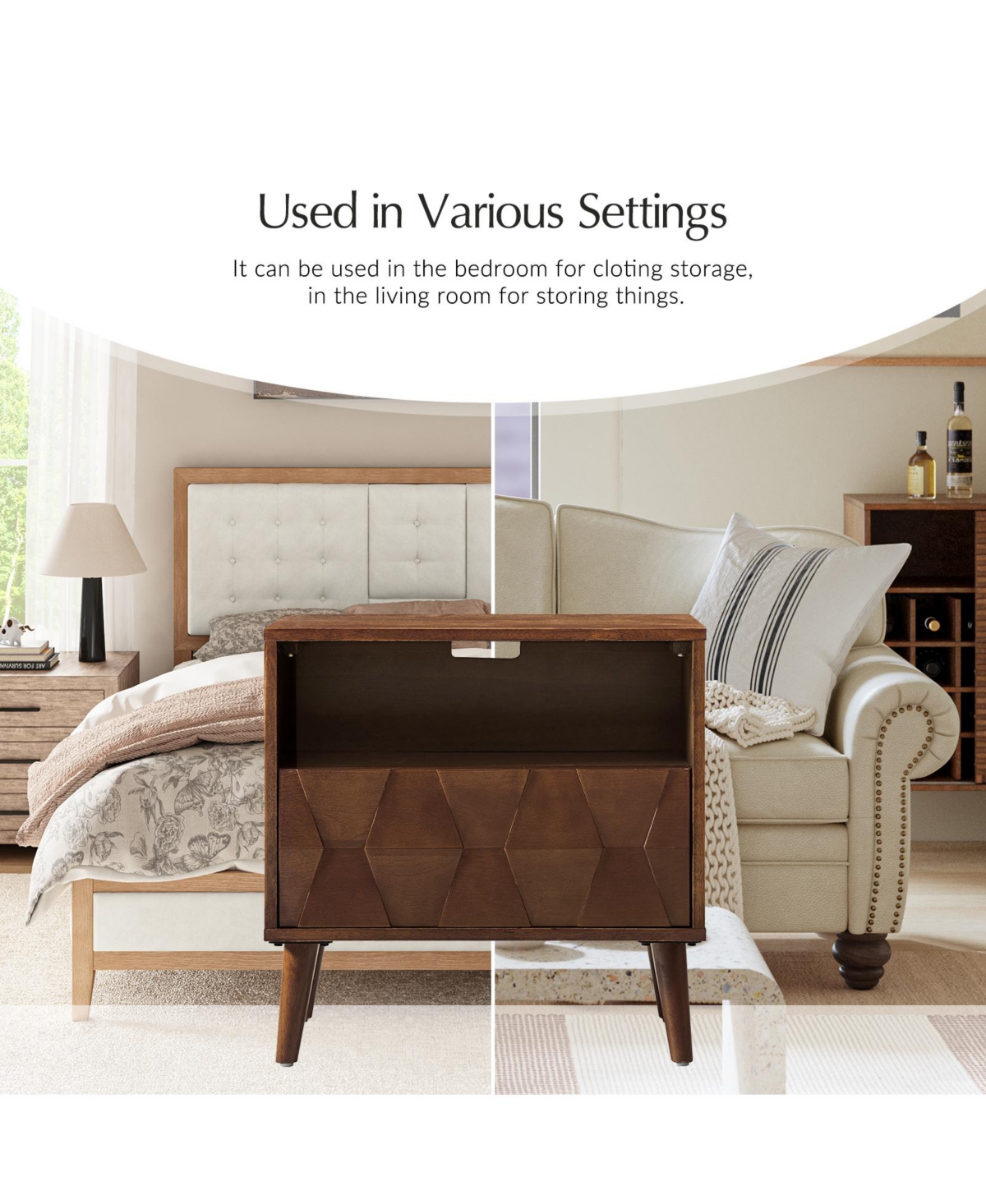 Zenaida Mid-century Modern Nightstand with Charging Ports and Hidden Drawer