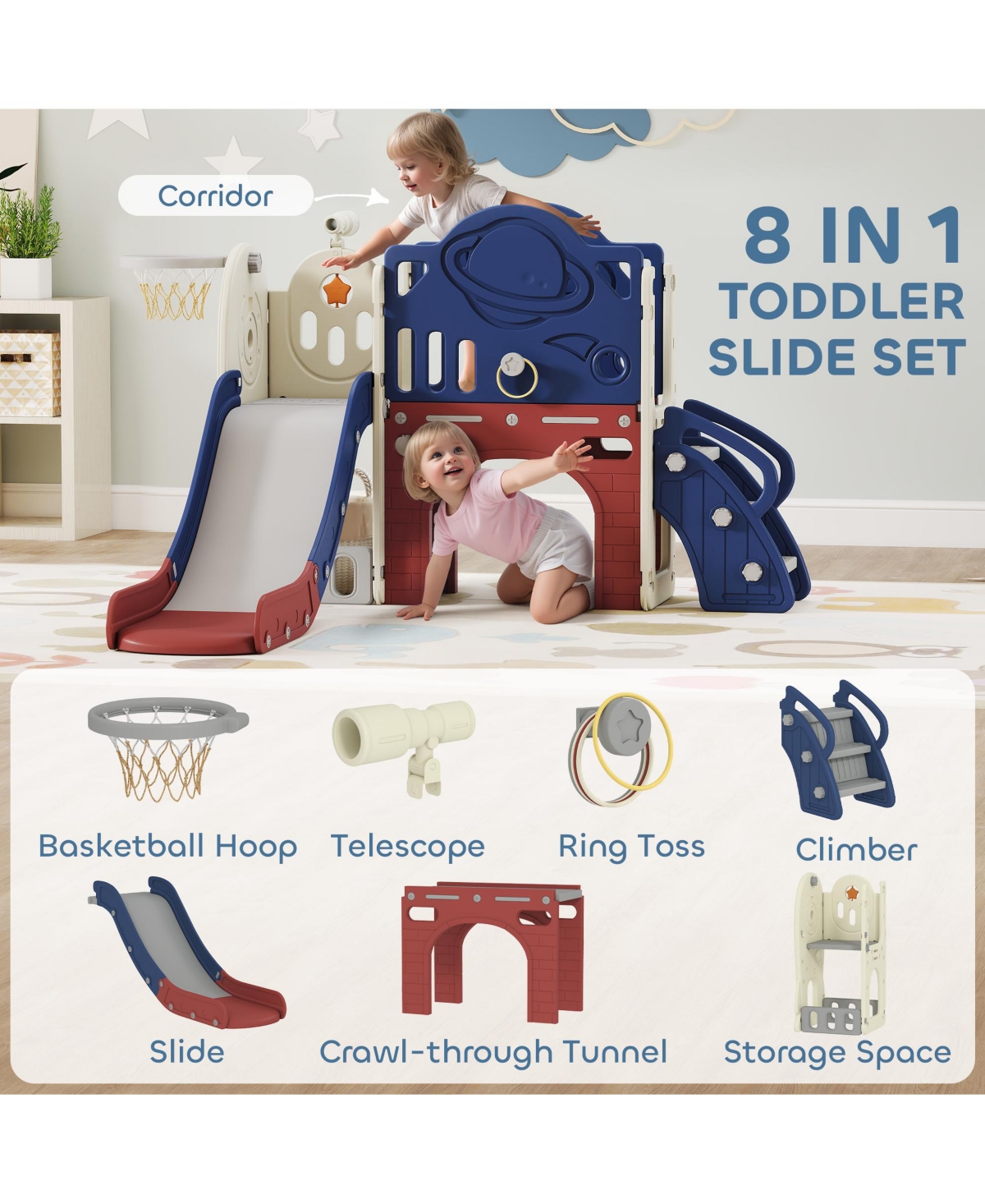 Qaba 8 in 1 Toddler Slide Set for Kids Ages 1-6 Indoor Outdoor Playground