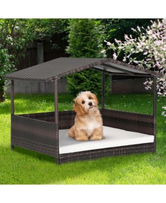 Outdoor Wicker Dog House with Weatherproof Roof-White