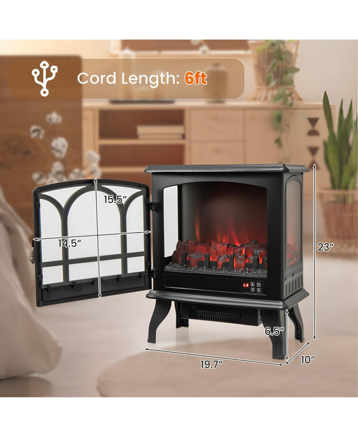 Sugift 1400W Electric Stove Heater with 3-Level Flame Effect and 3-Sided View-Black