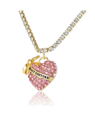 Pink Pave Heart Pendant Necklace, Gold Tone