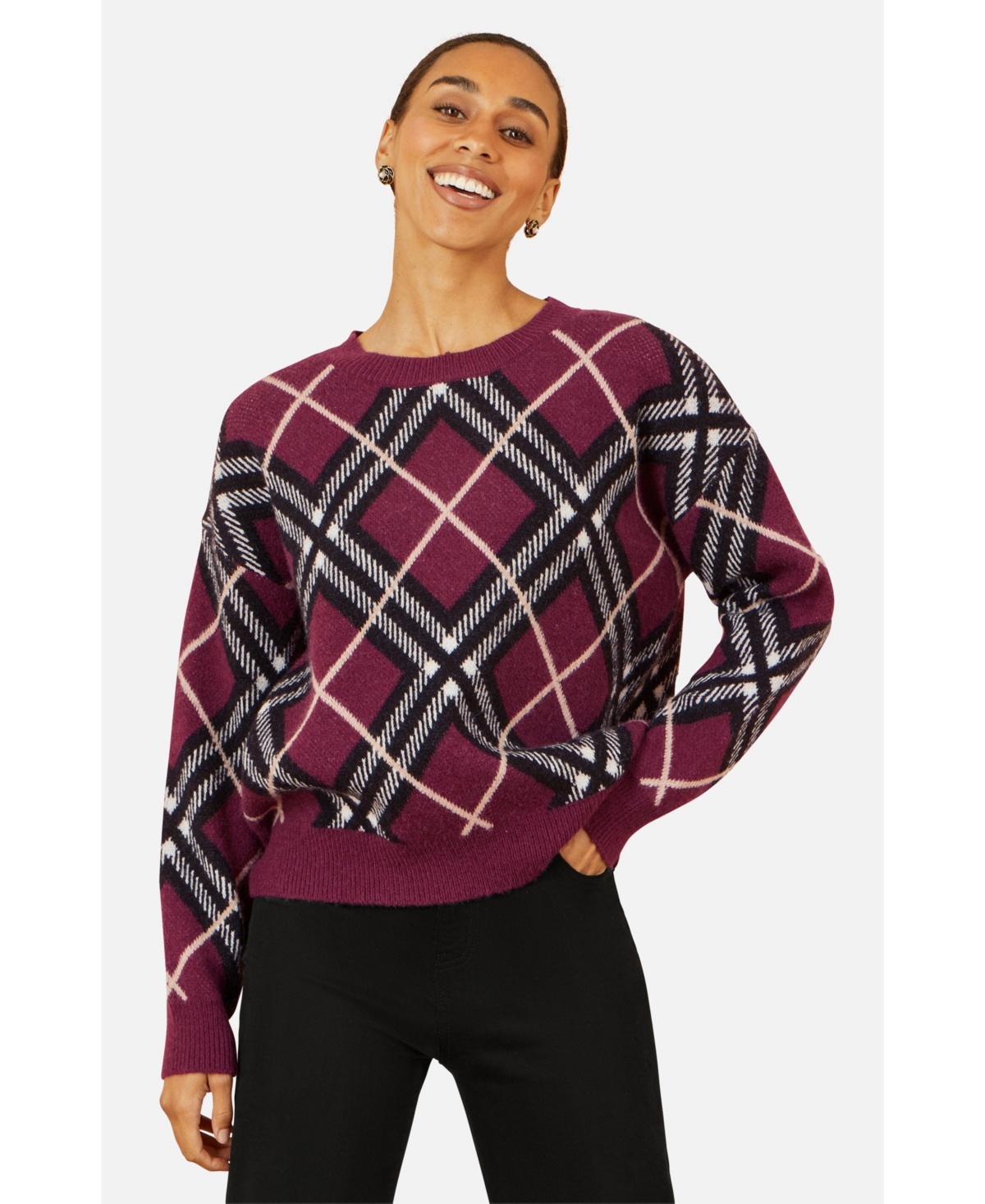 Yumi Women's Argyle Check Relaxed Sweater