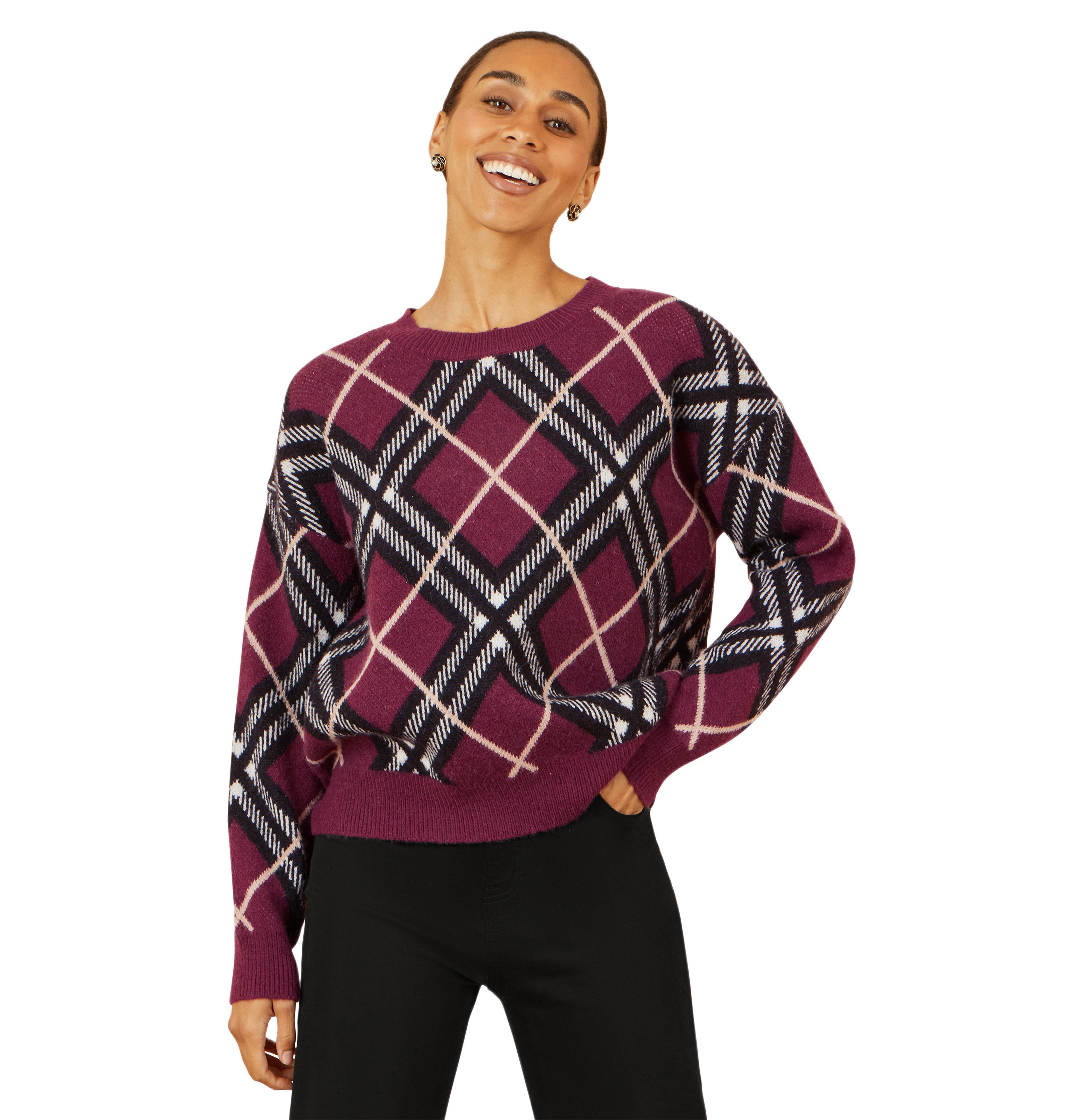 Yumi Women's Woomen's Argyle Check Relaxed Sweater